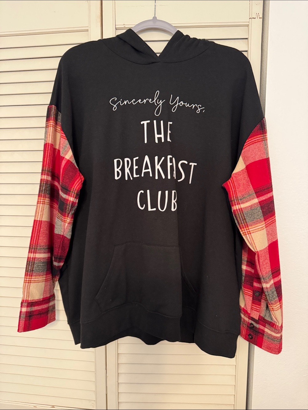 Breakfast Club Hybrid Apparel Black sweatshirt with Red Plaid Sleeves